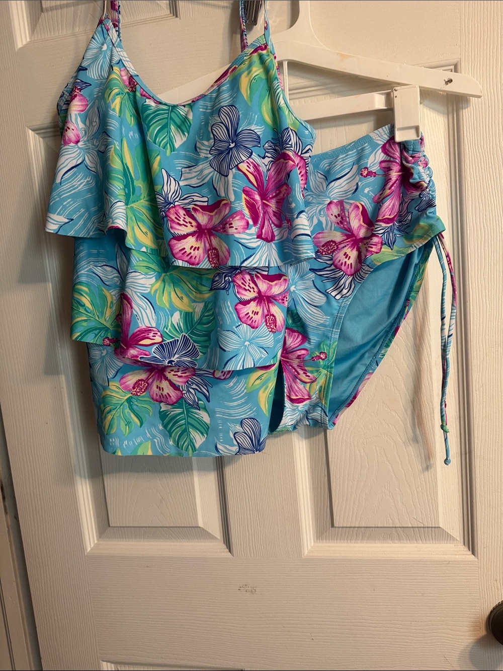Floral Ruffle One-Piece Swimsuit in Turquoise and Pink